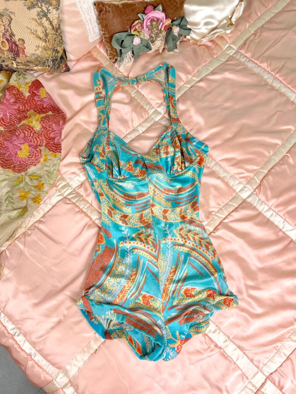Vintage 60s-70s Swimsuit, Turquoise Orange Print One Piece, Cutout Back, Retro